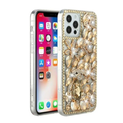 For iPhone 13 Pro Max Full Diamond with Ornaments Case Cover - Gold Exquisite Garden