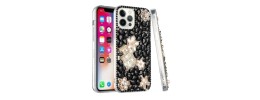For iPhone 13 Pro Max Full Diamond with Ornaments Case Cover - Pearl Flowers with Perfume Black