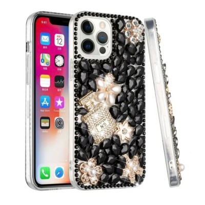 For iPhone 13 Pro Max Full Diamond with Ornaments Case Cover - Pearl Flowers with Perfume Black