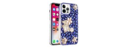 For iPhone 13 Pro Max Full Diamond with Ornaments Case Cover - Pearl Flowers with Perfume Dark Blue
