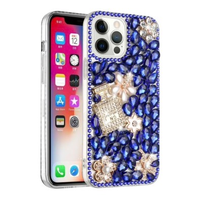 For iPhone 13 Pro Max Full Diamond with Ornaments Case Cover - Pearl Flowers with Perfume Dark Blue