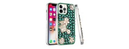 For iPhone 13 Pro Max Full Diamond with Ornaments Case Cover - Pearl Flowers with Perfume Green