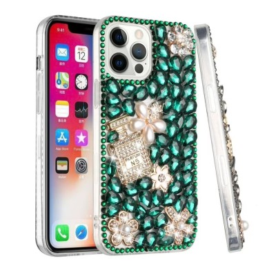 For iPhone 13 Pro Max Full Diamond with Ornaments Case Cover - Pearl Flowers with Perfume Green