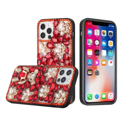 For iPhone 13 Pro Max Full Diamond with Ornaments Case Cover - Pink Exquisite Garden