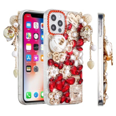 For iPhone 13 Pro Max Full Diamond with Ornaments Case Cover - Ultimate Multi Ornament Red