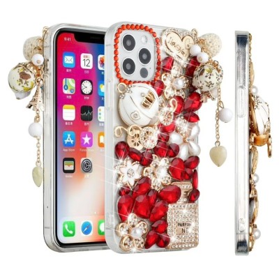 For iPhone 13 Pro Max Full Diamond with Ornaments Hard TPU Case Cover - Gold/Hot Pink/Red