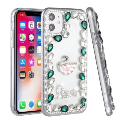For iPhone 13 Pro Max Full Diamond with Ornaments Hard TPU Case Cover - Green Love Bird
