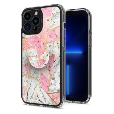 For iPhone 13 Pro Max Glitter Hybrid With Ring Stand Square Heart Passion Hybrid Case Cover - Hot Pink
