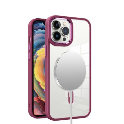 For iPhone 13 Pro Max Greatest Clear Acrylic [Magnetic Circle] ShockProof ToughThick Metal Button Hybrid - Burgundy