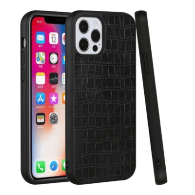 For iPhone 13 Pro Max Hard PU Leather Croc Design Hybrid Case Cover - Black