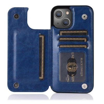 For iPhone 13 Pro Max Jewel Wallet Design with Stitched PU Leather ID Card Money Holder Zipper Case - Navy Blue