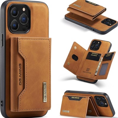 For iPhone 13 Pro Max Luxury Side Magnetic Button Card ID Holder PU Leather Case Cover - Brown