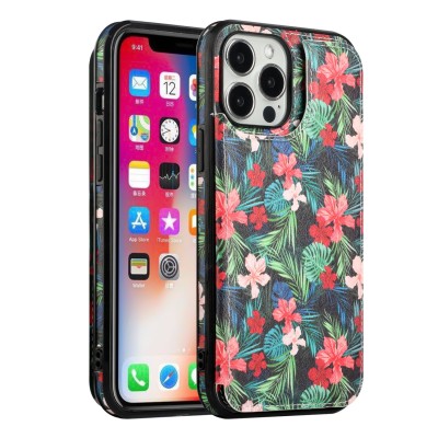 For iPhone 13 Pro Max Luxury Side Magnetic Button Card ID Holder PU Leather Case Cover - Foral A