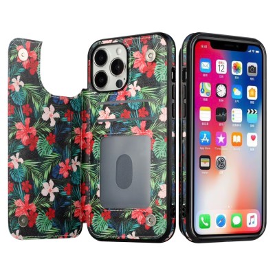 For iPhone 13 Pro Max Luxury Side Magnetic Button Card ID Holder PU Leather Case Cover - Foral C