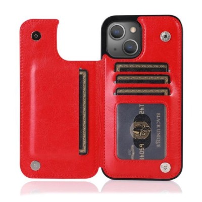 For iPhone 13 Pro Max Luxury Side Magnetic Button Card ID Holder PU Leather Case Cover - Red