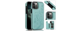For iPhone 13 Pro Max Luxury Side Magnetic Button Card ID Holder PU Leather Case Cover - Teal Butterfly Swirl