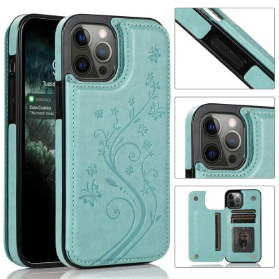 For iPhone 13 Pro Max Luxury Side Magnetic Button Card ID Holder PU Leather Case Cover - Teal Butterfly Swirl