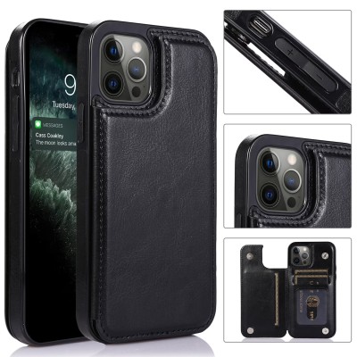 For iPhone 13 Pro Max Luxury Vertical Magnetic Button Card ID Holder PU Leather Case Cover - Black