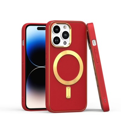 For iPhone 13 Pro Max Luxury Vertical Magnetic Button Card ID Holder PU Leather Case Cover - Red