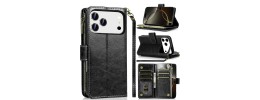For iPhone 13 Pro Max Luxury Wallet Card ID Zipper Money Holder Case Cover - Black
