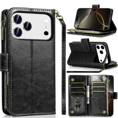 For iPhone 13 Pro Max Luxury Wallet Card ID Zipper Money Holder Case Cover - Black