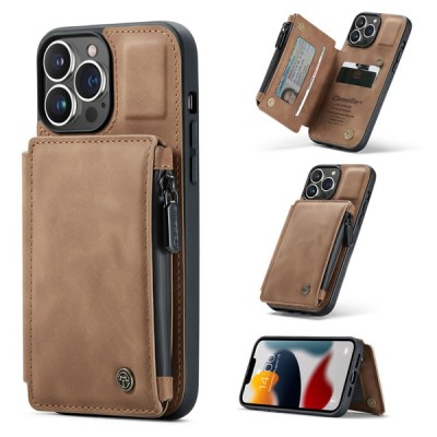 For iPhone 13 Pro Max Luxury Wallet Card ID Zipper Money Holder Case Cover - Brown
