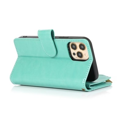 For iPhone 13 Pro Max Luxury Wallet Card ID Zipper Money Holder Case Cover - Teal