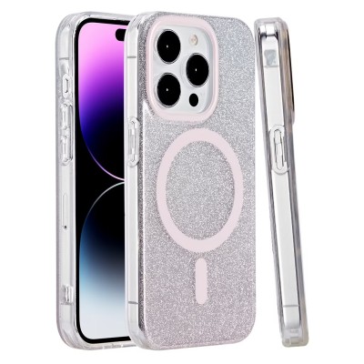 For iPhone 13 Pro Max METKASE Double Protection IMD Design Pattern [Magnetic Circle] Premium Case - Light Pink IMD Glitter