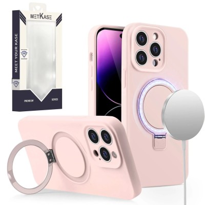For iPhone 13 Pro Max METKASE Premium Magnetic Circle Ring Stand LIQUID Silicone in Slide-Out Package - Light Pink