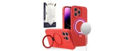 For iPhone 13 Pro Max METKASE Premium Magnetic Circle Ring Stand LIQUID Silicone in Slide-Out Package - Red