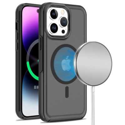 For iPhone 13 Pro Max [Magnetic Circle] CD Pattern Transparent Rugged Hybrid - Black