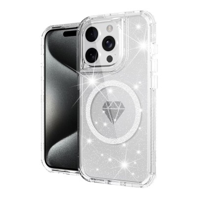 For iPhone 13 Pro Max Magnetic Ring Circle Bling Chrome 3in1 Hybrid Case - Clear