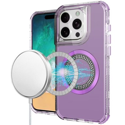 For iPhone 13 Pro Max Magnetic Ring Circle Bling Chrome 3in1 Hybrid Case - Purple