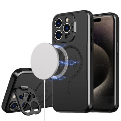 For iPhone 13 Pro Max Magnetic Ring Circle Camera Cap KickStand Hybrid UV Paint Matte Finish Case - Black