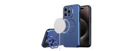 For iPhone 13 Pro Max Magnetic Ring Circle Camera Cap KickStand Hybrid UV Paint Matte Finish Case - Blue