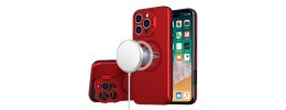 For iPhone 13 Pro Max Magnetic Ring Circle Camera Cap KickStand Hybrid UV Paint Matte Finish Case - Red