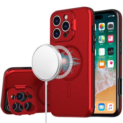 For iPhone 13 Pro Max Magnetic Ring Circle Camera Cap KickStand Hybrid UV Paint Matte Finish Case - Red