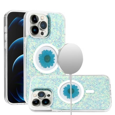 For iPhone 13 Pro Max Magnetic Ring Circle Real Flower Epoxy Glitter Hybrid Case Cover - Light Blue