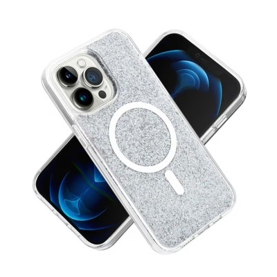 For iPhone 13 Pro Max Magnetic Ring Circle Real Flower Epoxy Glitter Hybrid Case Cover - Silver