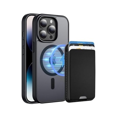 For iPhone 13 Pro Max Magnetic Ring Compatible Deattachable PU Leather Hybrid Wallet Money Card Holder with Lanyard - Black