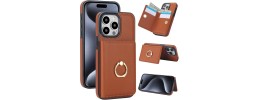 For iPhone 13 Pro Max Magnetic Ring Compatible Deattachable PU Leather Hybrid Wallet Money Card Holder with Lanyard - Brown