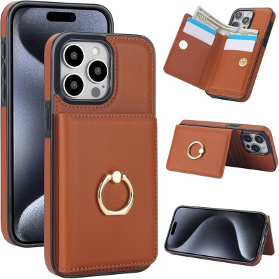 For iPhone 13 Pro Max Magnetic Ring Compatible Deattachable PU Leather Hybrid Wallet Money Card Holder with Lanyard - Brown