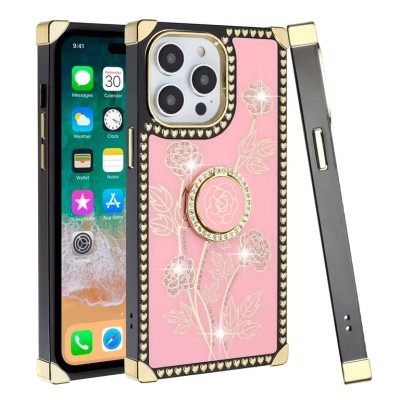 For iPhone 13 Pro Max Magnetic Ring Stand Square Passion Hearts Glitter Case Cover - Pink