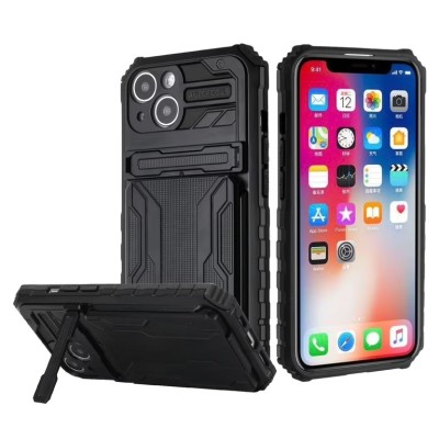 For iPhone 13 Pro Max Multiple Card Holder Kickstand Hybrid Case Cover - Black