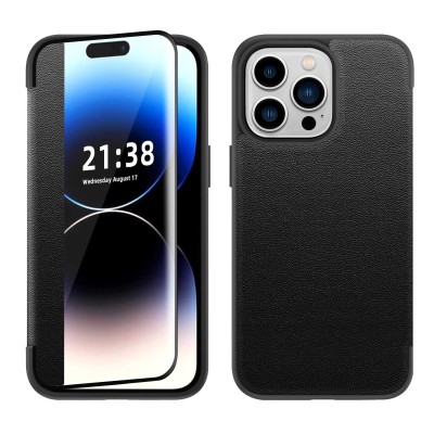 For iPhone 13 Pro Max PU Leather Window Flap Case with Cover - Black