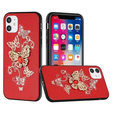 For iPhone 13 Pro Max Passion Square Hearts Diamond Glitter Ornaments Engraving Case Cover - Garden Butterflies Red