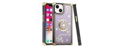 For iPhone 13 Pro Max Passion Square Hearts Diamond Glitter Ornaments Engraving Case Cover - Good Luck Floral Purple