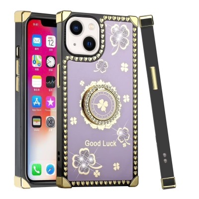 For iPhone 13 Pro Max Passion Square Hearts Diamond Glitter Ornaments Engraving Case Cover - Good Luck Floral Purple