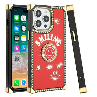 For iPhone 13 Pro Max Passion Square Hearts Smiling Diamond Ring Stand Case Cover - Red