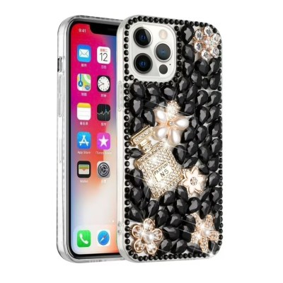 For iPhone 13 Pro Max Pearl Diamond Glitter Hybrid Case Cover - Black